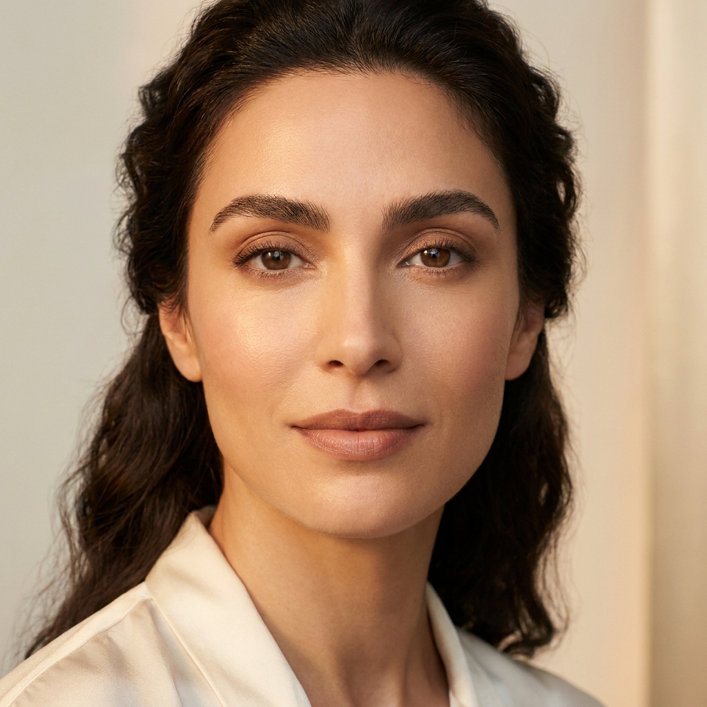 Woman with naturally full, restored eyebrows illustrating eyebrow transplant graft results