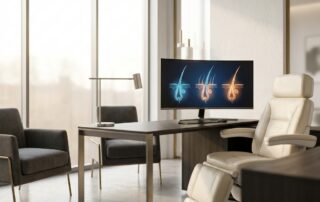 Modern, upscale clinic hair transplant consultation room with clean design and warm professional lighting