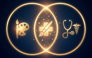 Illustration showing the balance of hair restoration surgery artistic skill versus medical skill as overlapping golden circles