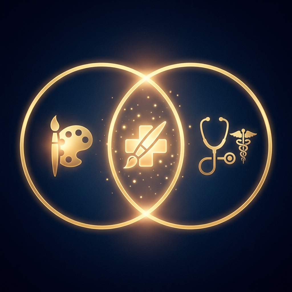 Illustration showing the balance of hair restoration surgery artistic skill versus medical skill as overlapping golden circles