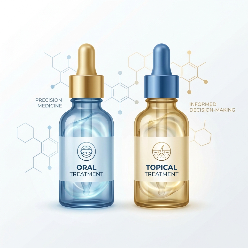 Stylized illustration representing oral vs topical minoxidil hair loss treatment options for 2026 clinical comparison