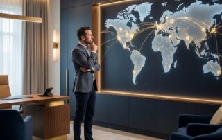 Man reviewing global hair transplant options in a modern US clinic, representing hair transplant overseas vs USA quality comparison.