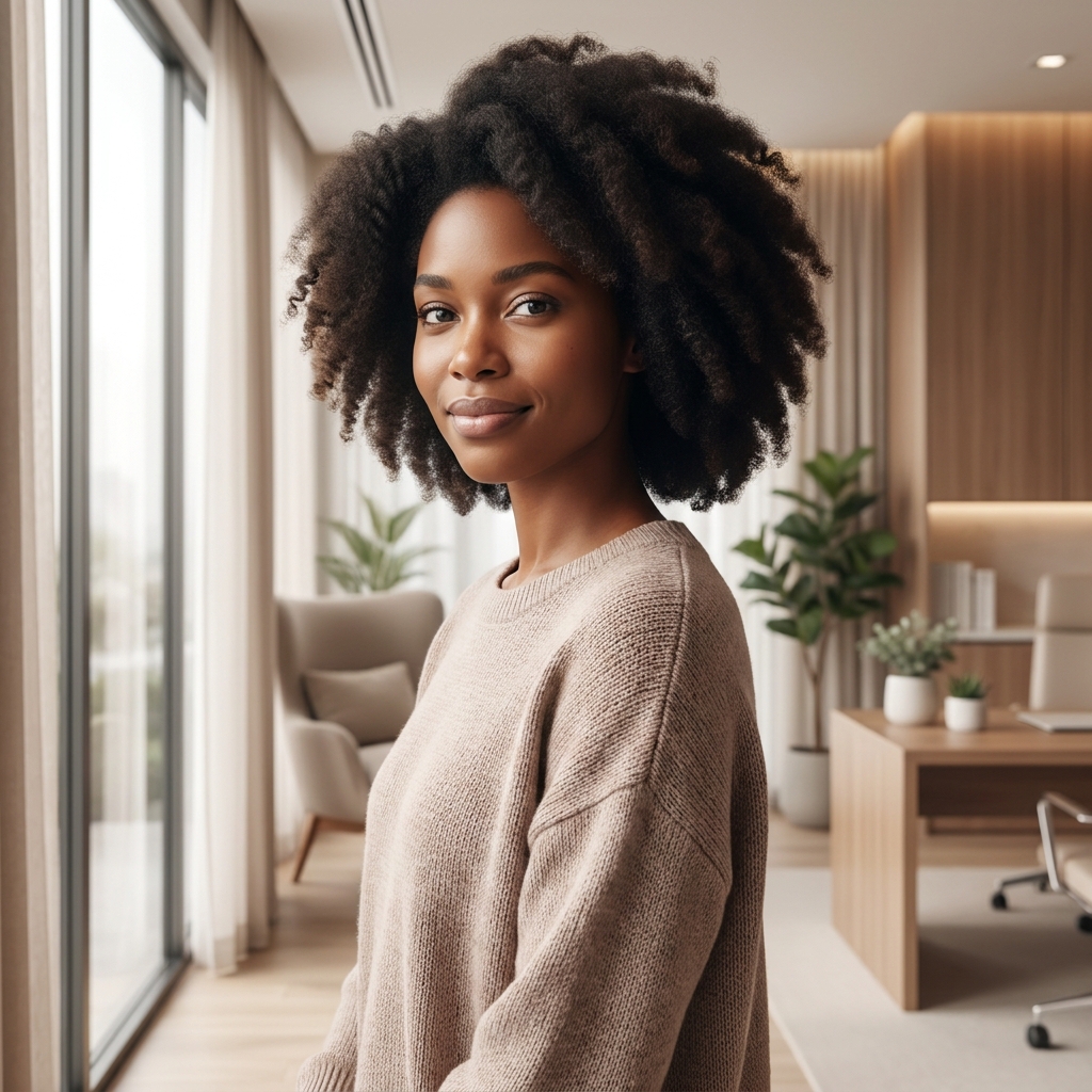 Person with healthy hair in a modern consultation setting, representing alopecia areata hair transplant candidacy hope
