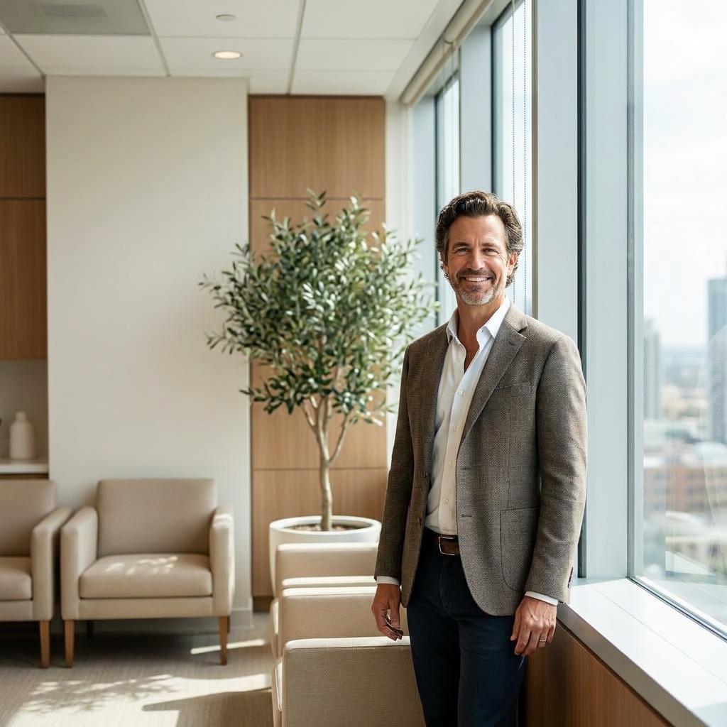 Confident man with natural hair restoration results at a modern hair clinic — INeedMoreHair website hair restoration information