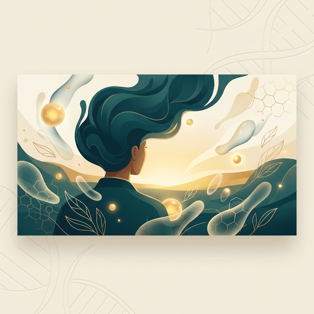 Conceptual illustration representing hair restoration with stem cells and cellular regeneration for confident hair regrowth.
