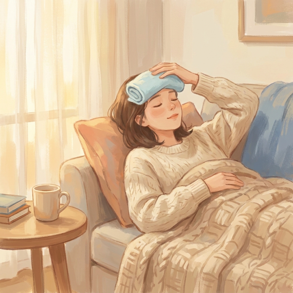 Person calmly managing hair transplant forehead swelling at home with a cool compress during post-procedure recovery