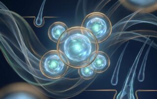 Glowing exosome spheres near hair follicle structures illustrating stem cell exosome hair loss treatment 2026 science