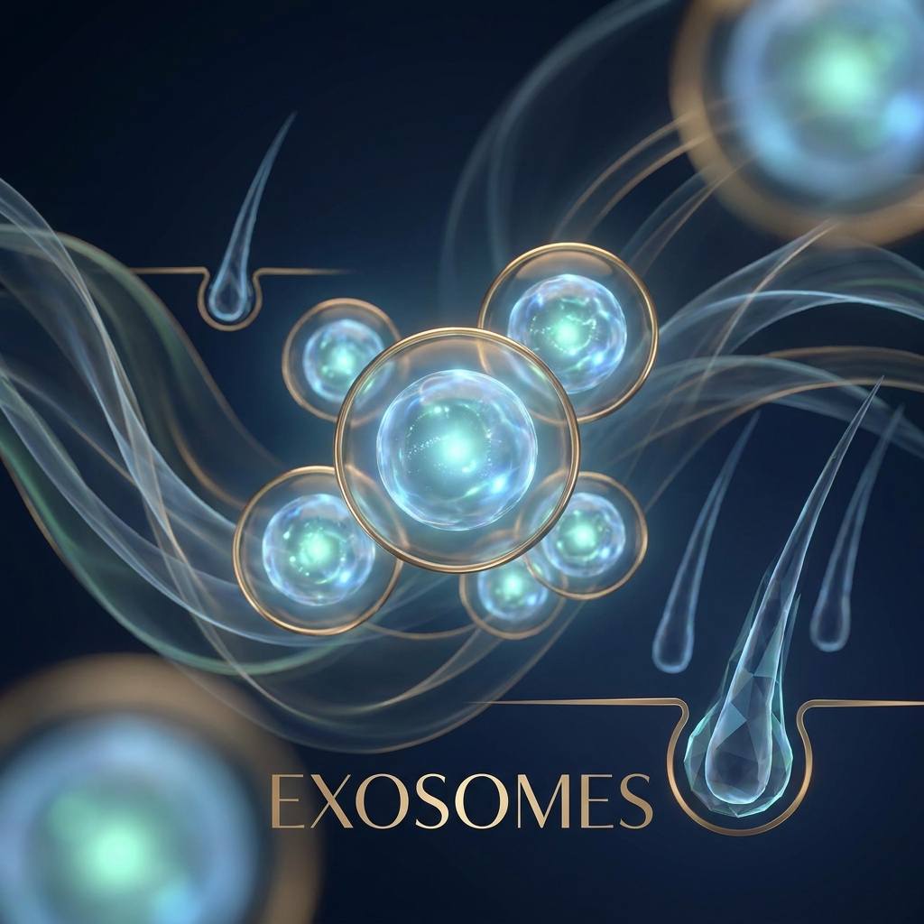 Glowing exosome spheres near hair follicle structures illustrating stem cell exosome hair loss treatment 2026 science