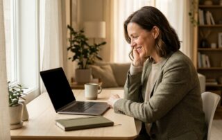 Person preparing for a hair transplant virtual consultation on a laptop in a warm, modern home office setting.