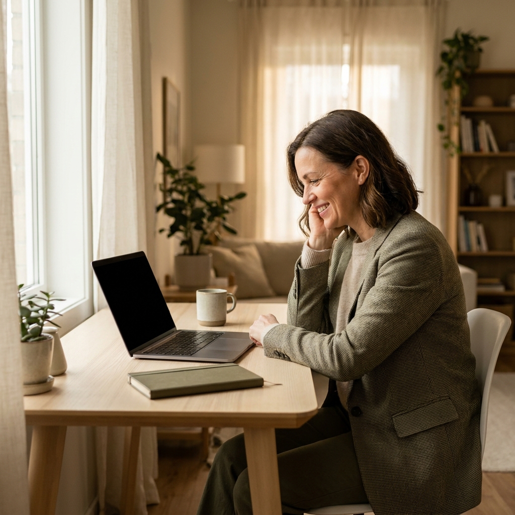 Person preparing for a hair transplant virtual consultation on a laptop in a warm, modern home office setting.