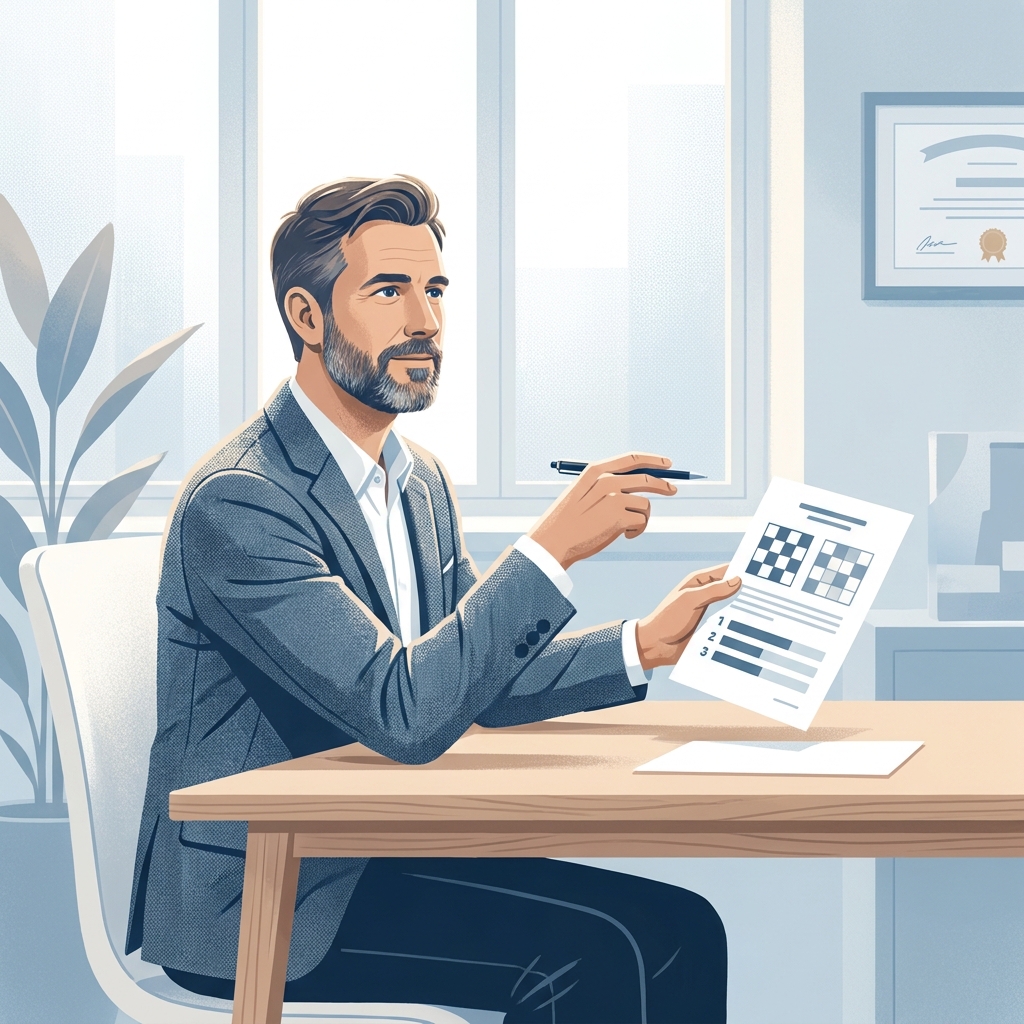 Man reviewing a structured evaluation framework for comparing hair transplant clinics in a modern consultation office