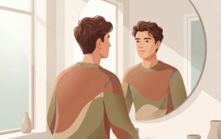 Young man calmly examining his hairline in a mirror, representing understanding what causes hairline recession in men under 30