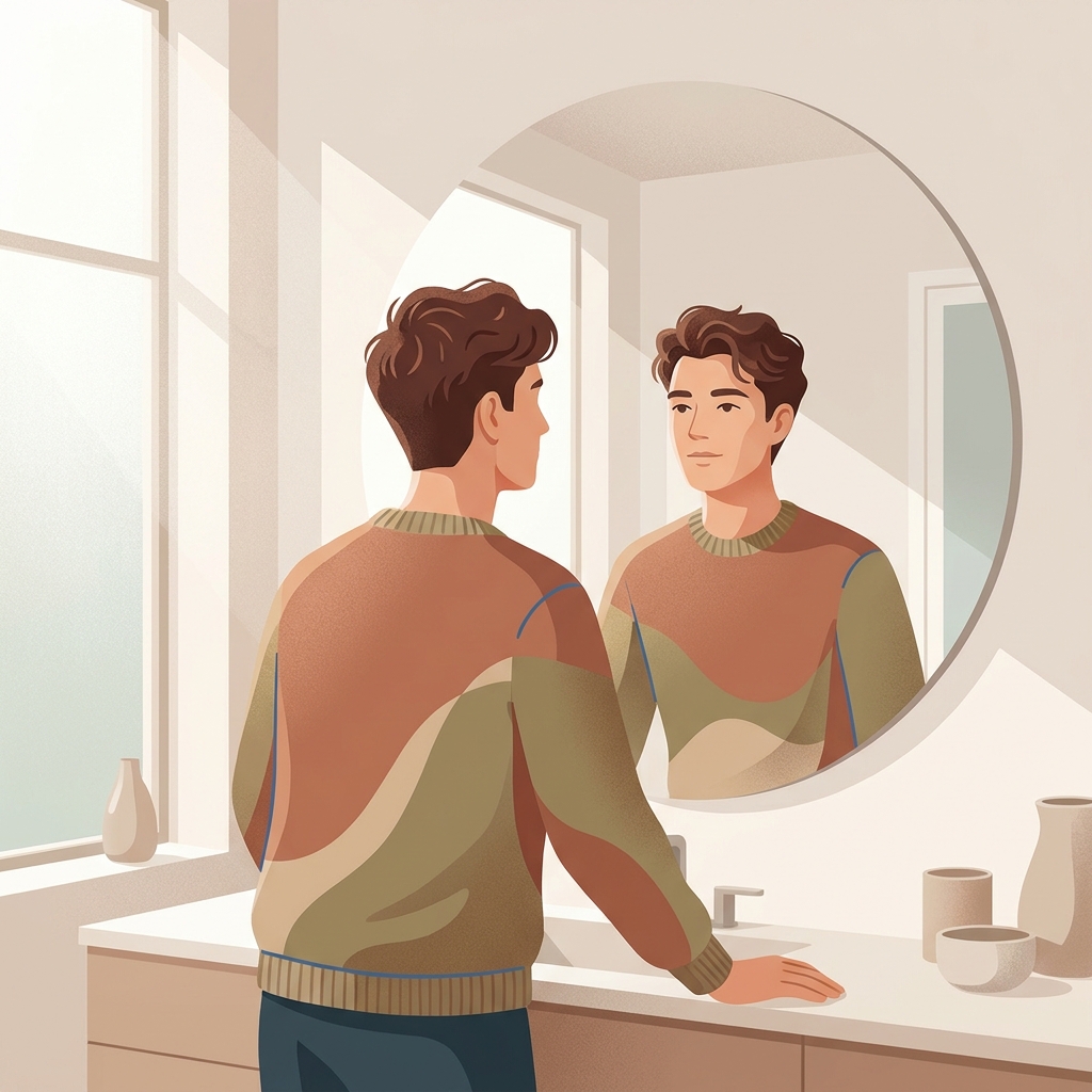 Young man calmly examining his hairline in a mirror, representing understanding what causes hairline recession in men under 30