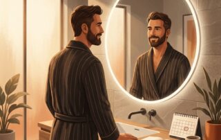 Man with full beard reviewing beard transplant healing timeline progress in a modern bathroom mirror