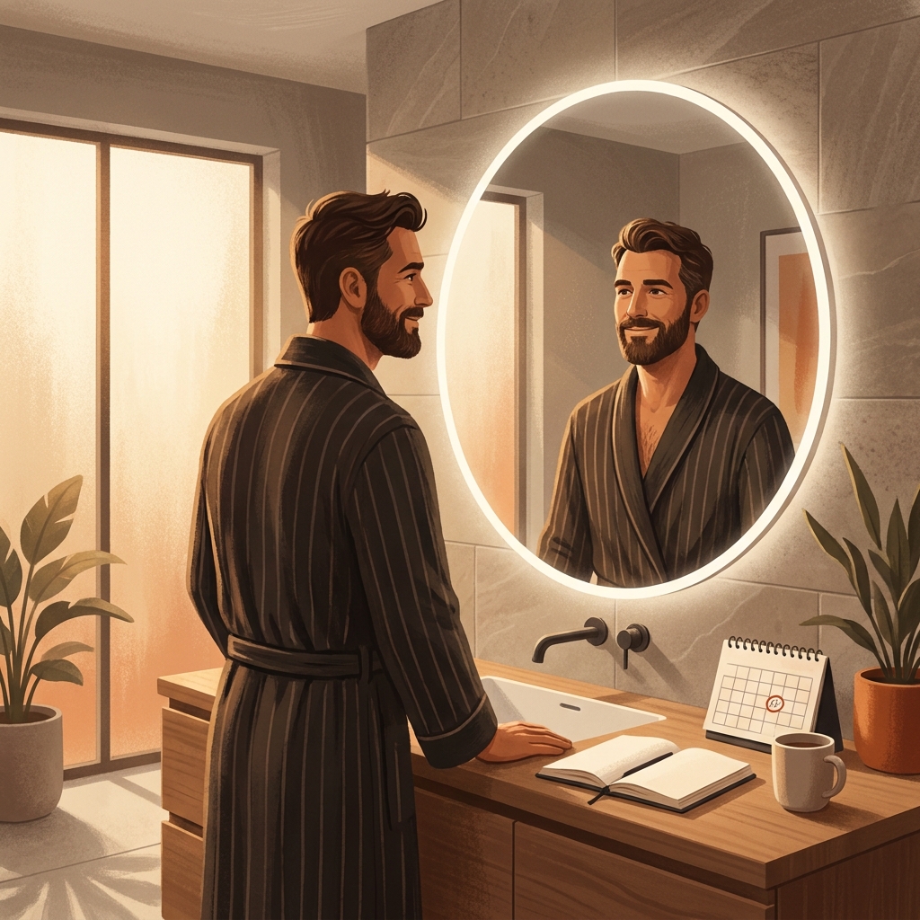 Man with full beard reviewing beard transplant healing timeline progress in a modern bathroom mirror