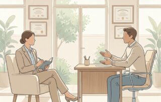 Prepared patient at a free hair transplant consultation sitting across from a professional in a modern office