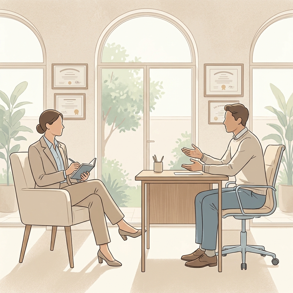 Prepared patient at a free hair transplant consultation sitting across from a professional in a modern office