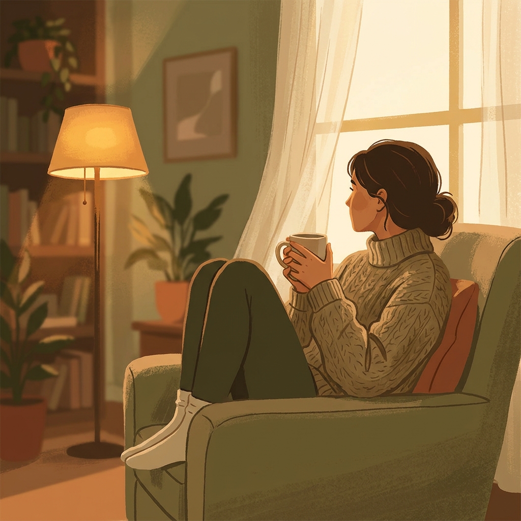 Person reflecting quietly at home, representing the personal decision of what to tell friends and family during hair transplant recovery.