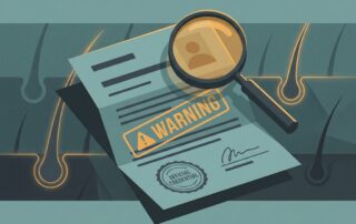 Illustrated magnifying glass examining credentials, representing hair transplant unqualified technician risks and verification