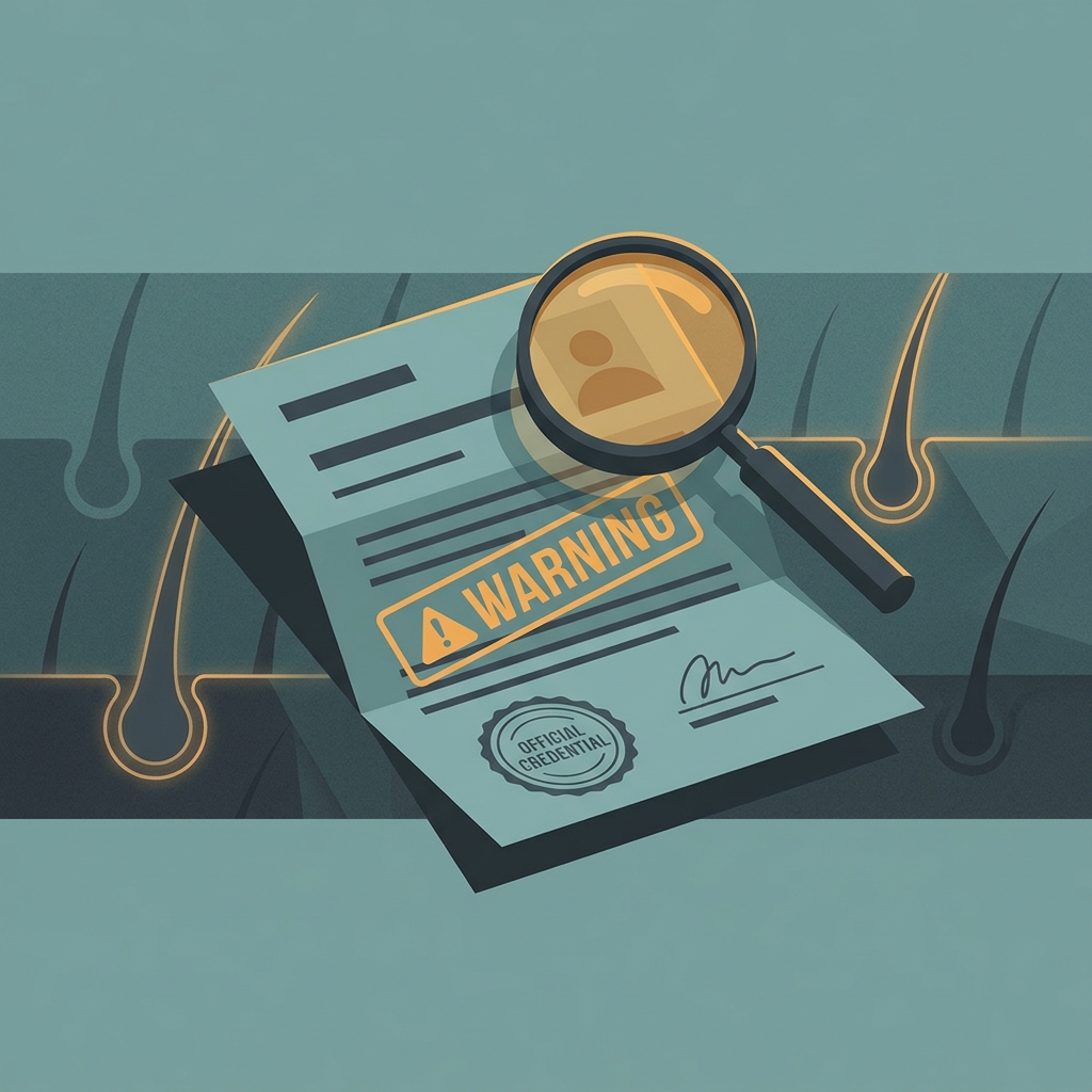 Illustrated magnifying glass examining credentials, representing hair transplant unqualified technician risks and verification