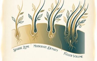 Stylized illustration of hair transplant follicular groupings showing natural distribution across density zones
