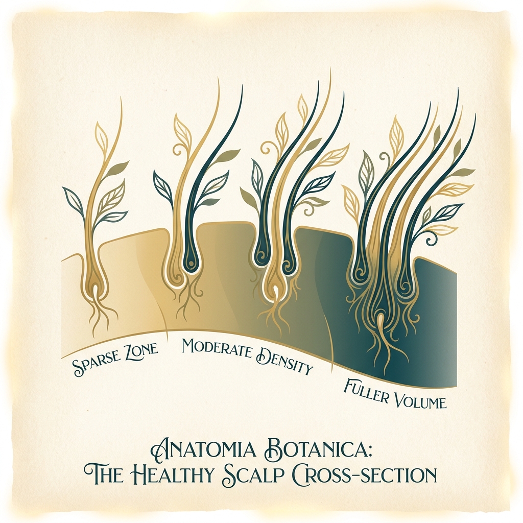 Stylized illustration of hair transplant follicular groupings showing natural distribution across density zones