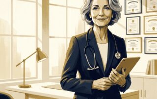 Hair transplant surgeon former ISHRS president expertise represented by a confident female physician in a prestigious medical office