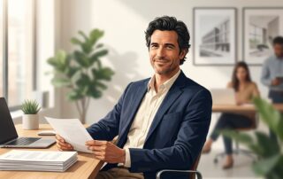 Confident professional man at office desk after hair transplant recovery, ready to return to work