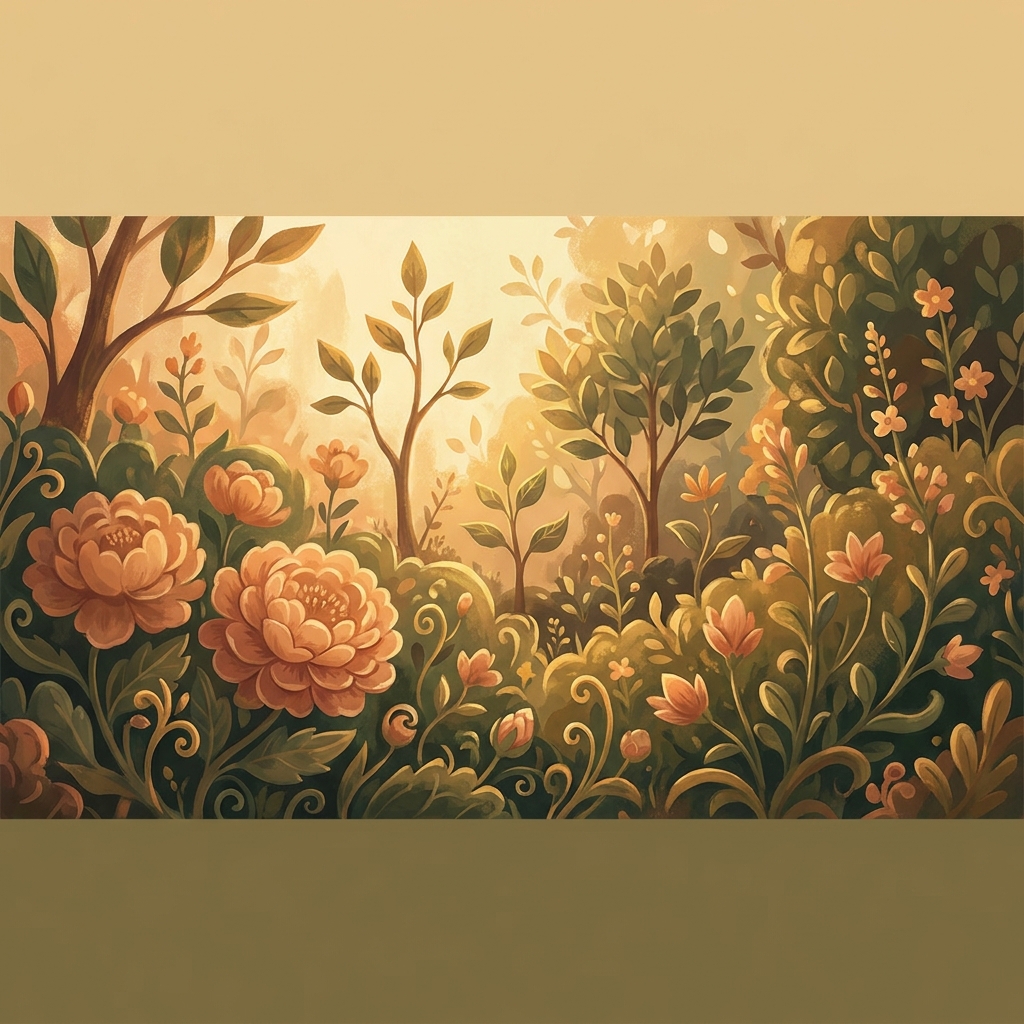 Illustration of a flourishing garden at peak growth, symbolizing hair transplant 9 to 12 months full results and maturation timeline.