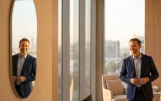 Confident man in modern hair restoration clinic reflecting on hair transplant cost per graft United States 2026 pricing decisions