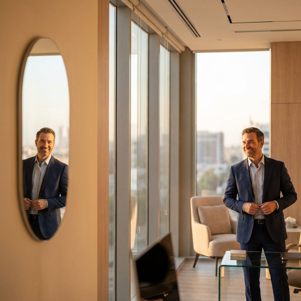 Confident man in modern hair restoration clinic reflecting on hair transplant cost per graft United States 2026 pricing decisions
