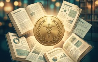 Illustration of peer-reviewed medical journals and award medallion representing a hair transplant surgeon's published researcher clinical studies record