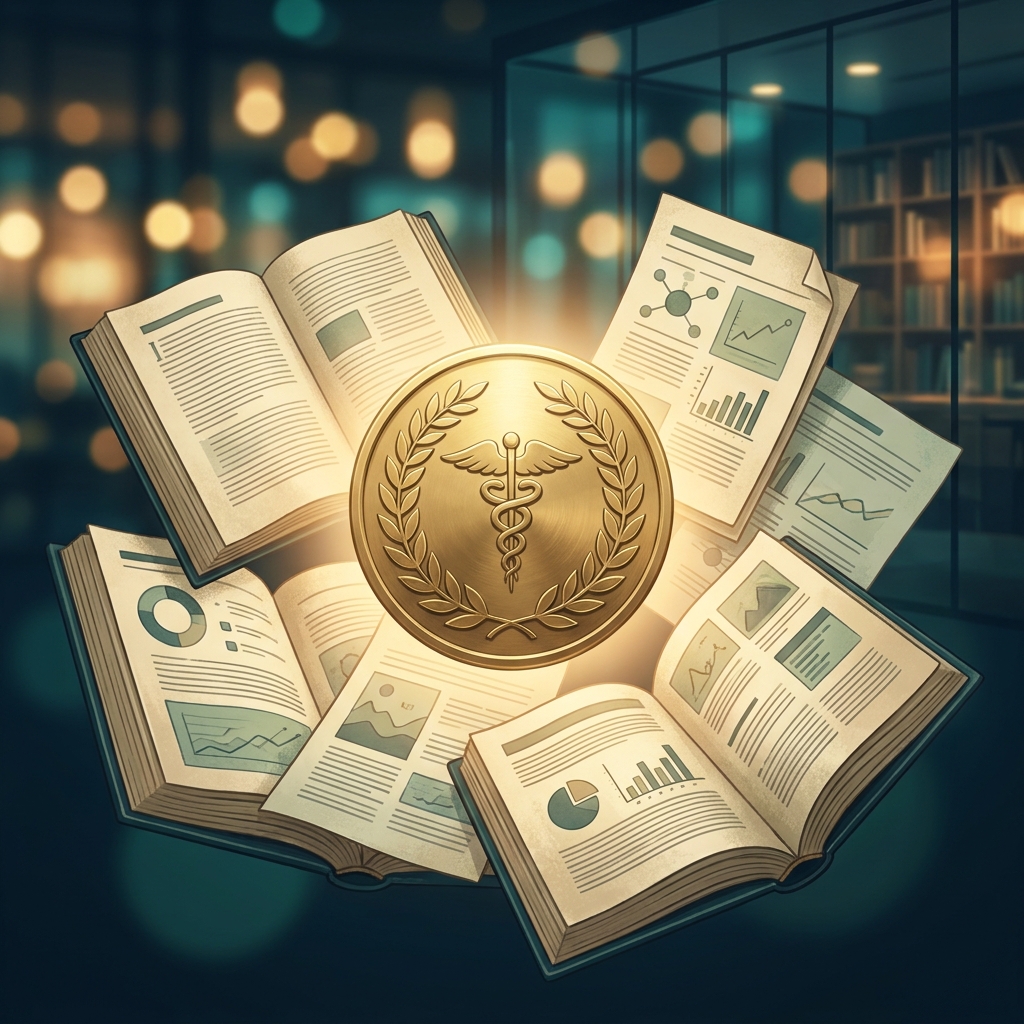 Illustration of peer-reviewed medical journals and award medallion representing a hair transplant surgeon's published researcher clinical studies record
