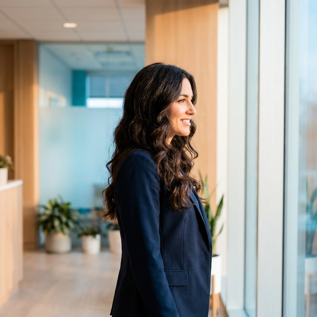 Confident person with healthy hair in a modern clinic, representing ideal Alma TED hair treatment candidacy