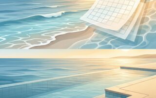 Illustrated pool and ocean scene representing hair transplant swimming pool ocean restrictions and water-type recovery timelines