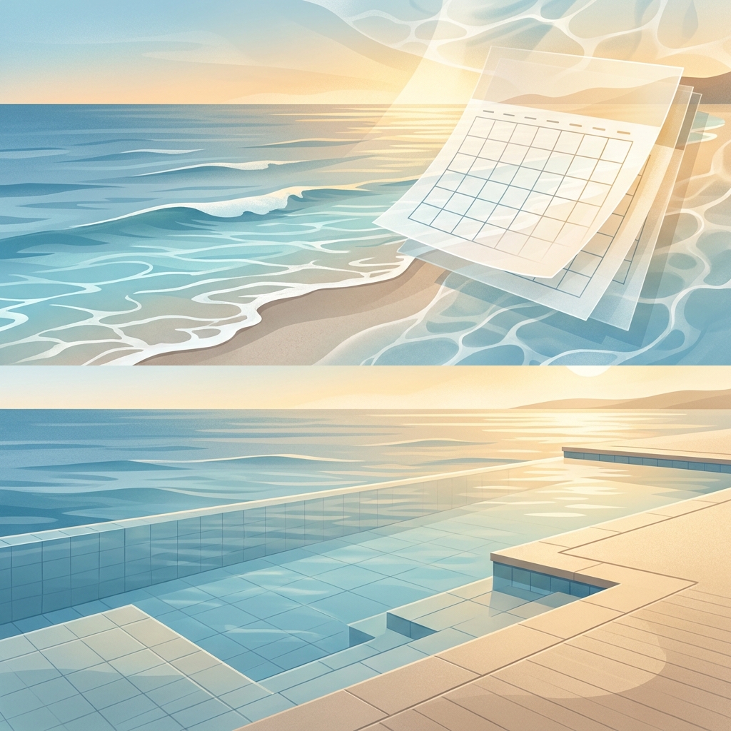 Illustrated pool and ocean scene representing hair transplant swimming pool ocean restrictions and water-type recovery timelines
