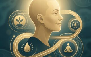 Illustrated figure with shaved head surrounded by healing timeline elements representing the scalp micropigmentation healing process