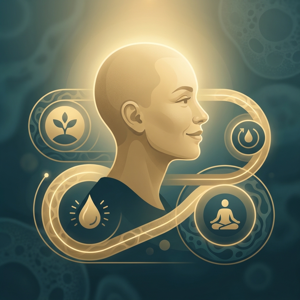Illustrated figure with shaved head surrounded by healing timeline elements representing the scalp micropigmentation healing process