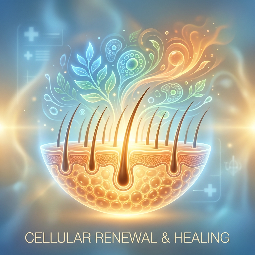 Conceptual illustration of scalp inflammation and hair loss connection showing cellular healing and hair restoration process
