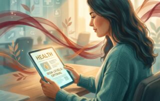 Woman reviewing lab results related to iron deficiency hair loss, surrounded by warm hopeful light