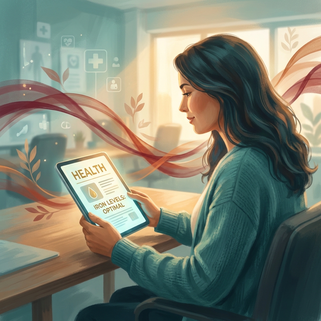Woman reviewing lab results related to iron deficiency hair loss, surrounded by warm hopeful light