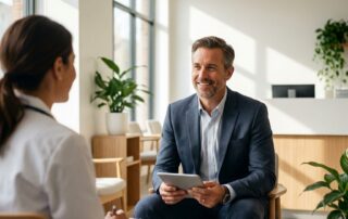 Man confidently meeting with a hair restoration consultant to book a hair transplant consultation in Minnesota