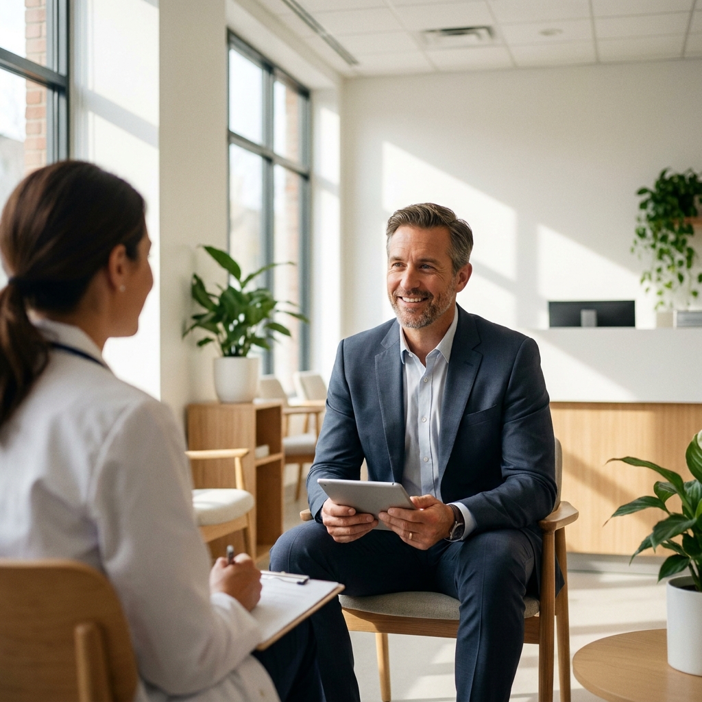 Man confidently meeting with a hair restoration consultant to book a hair transplant consultation in Minnesota