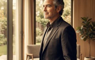 Confident man with healthy hair in a modern clinic setting, representing hair transplant high blood pressure patient candidacy