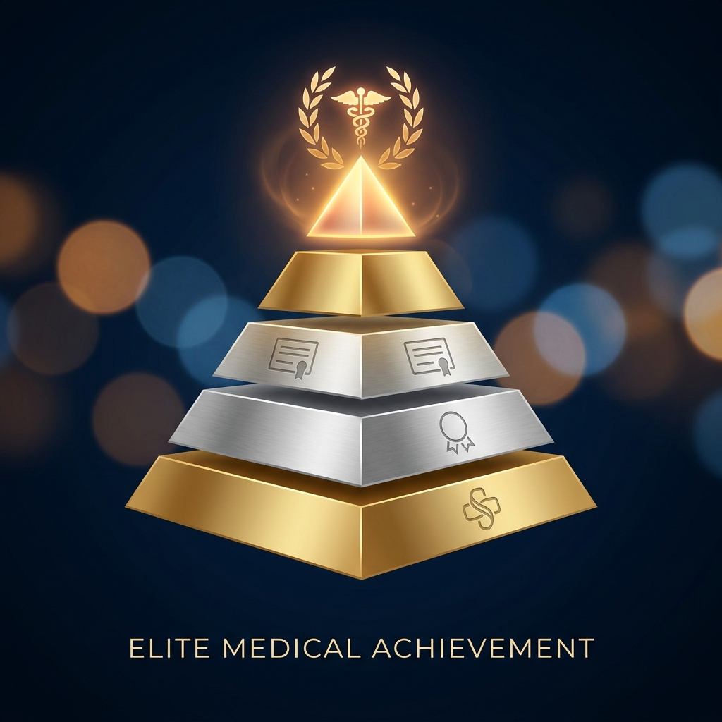Illustrated gold membership tier hierarchy representing ISHRS credentials and what they mean for hair transplant patients