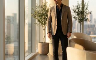 Confident man in modern consultation suite representing FUE hair transplant near me results in Twin Cities