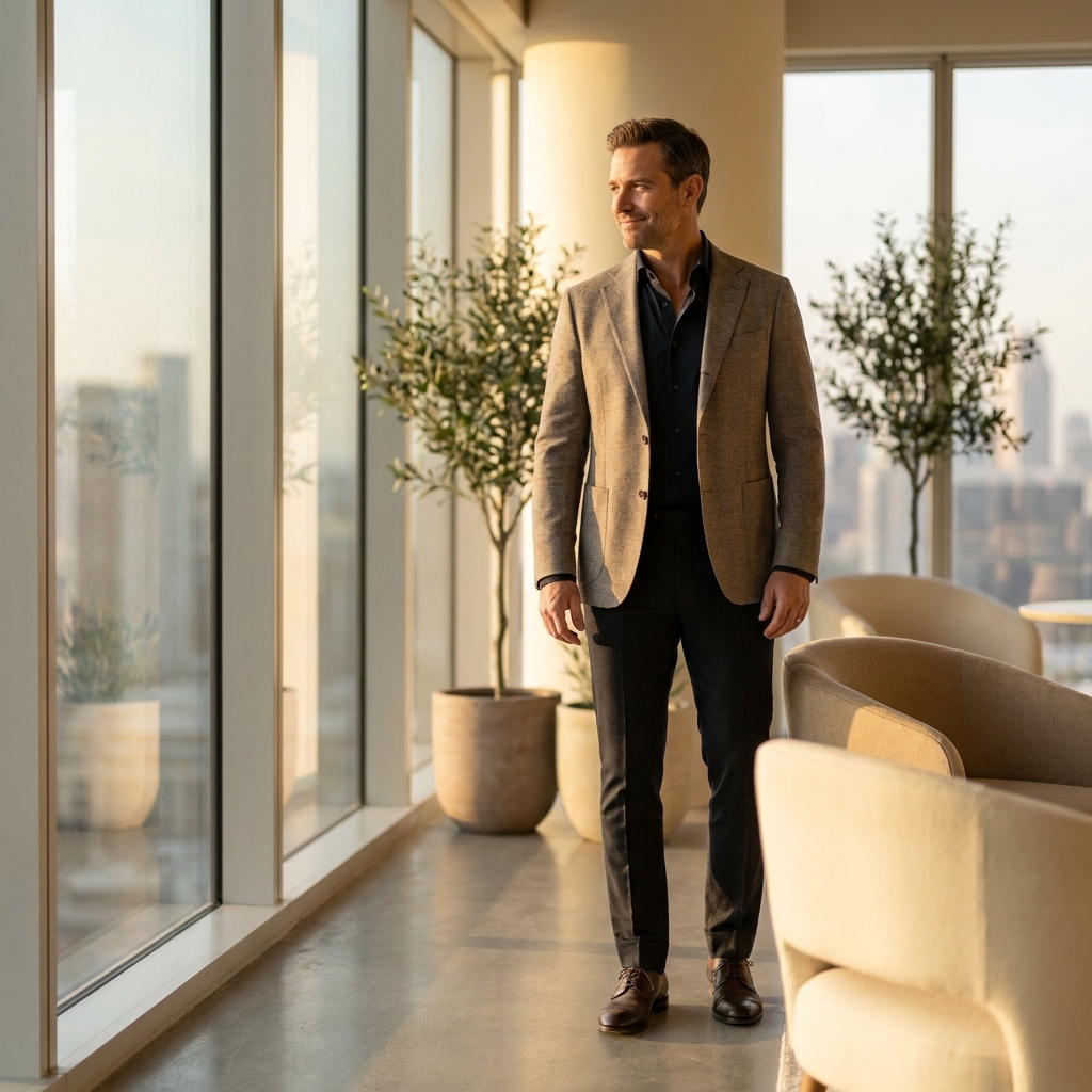 Confident man in modern consultation suite representing FUE hair transplant near me results in Twin Cities
