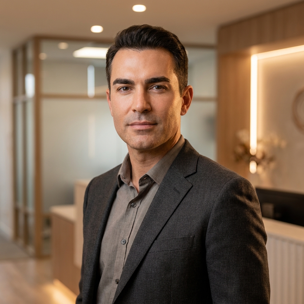 Confident man with naturally full, well-shaped eyebrows — eyebrow transplant results for men with thinning sparse brows