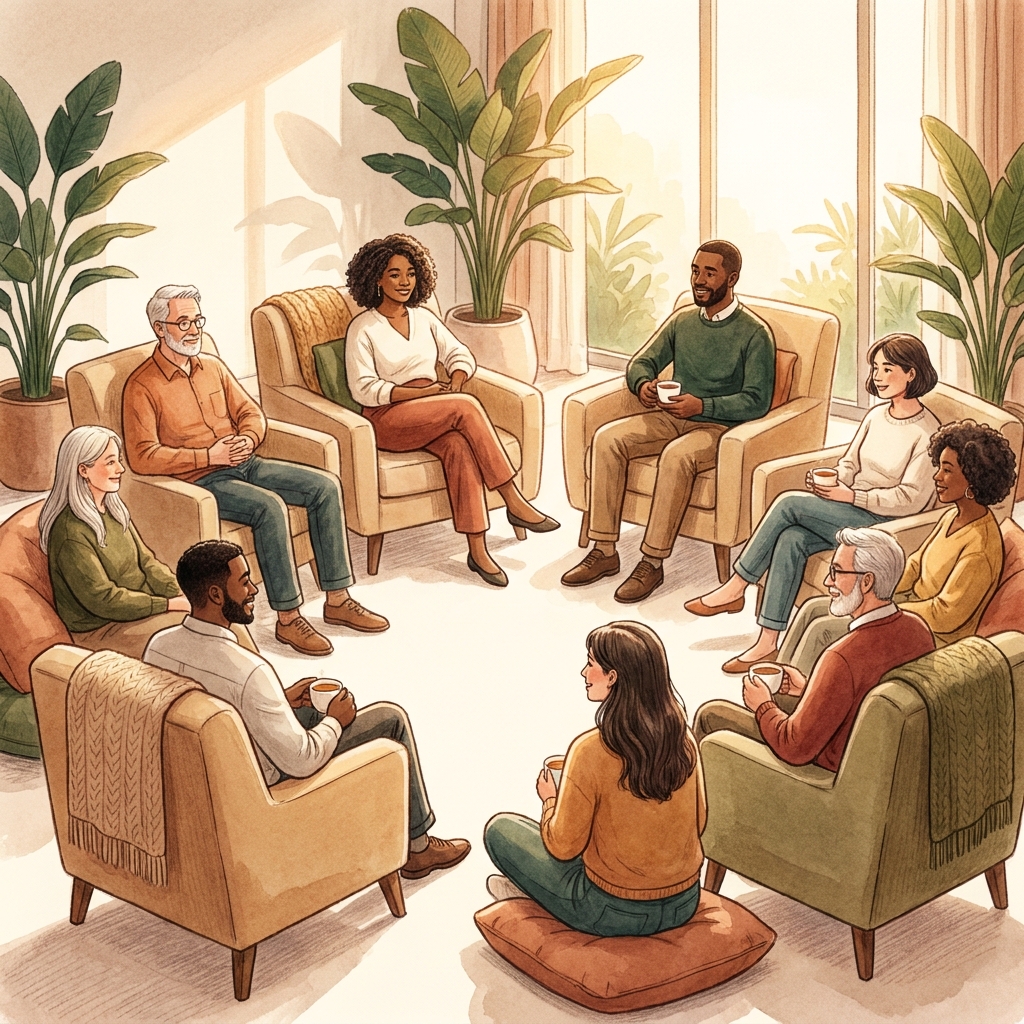 Diverse support community group sharing connection and compassion — hair loss support community resources for patients