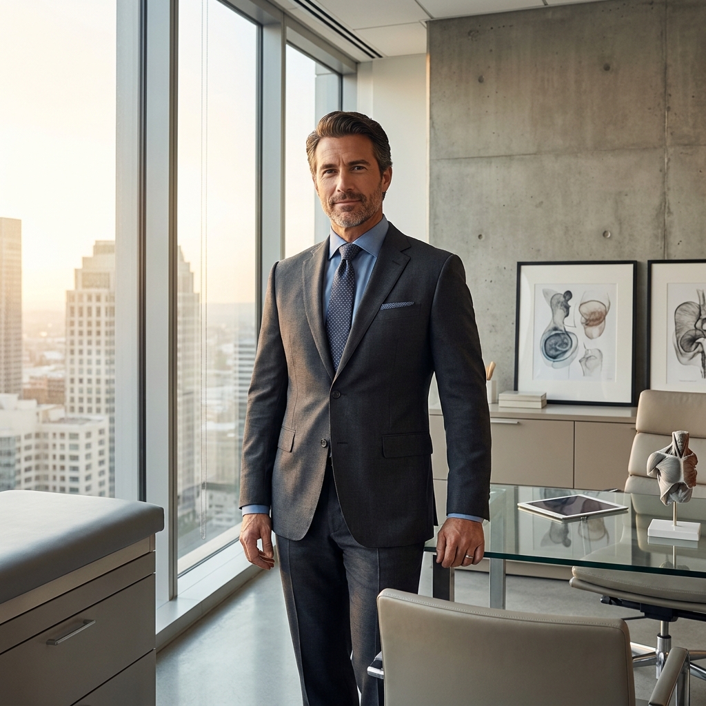 Confident man in modern medical consultation office representing hair transplant USA standards and professional care